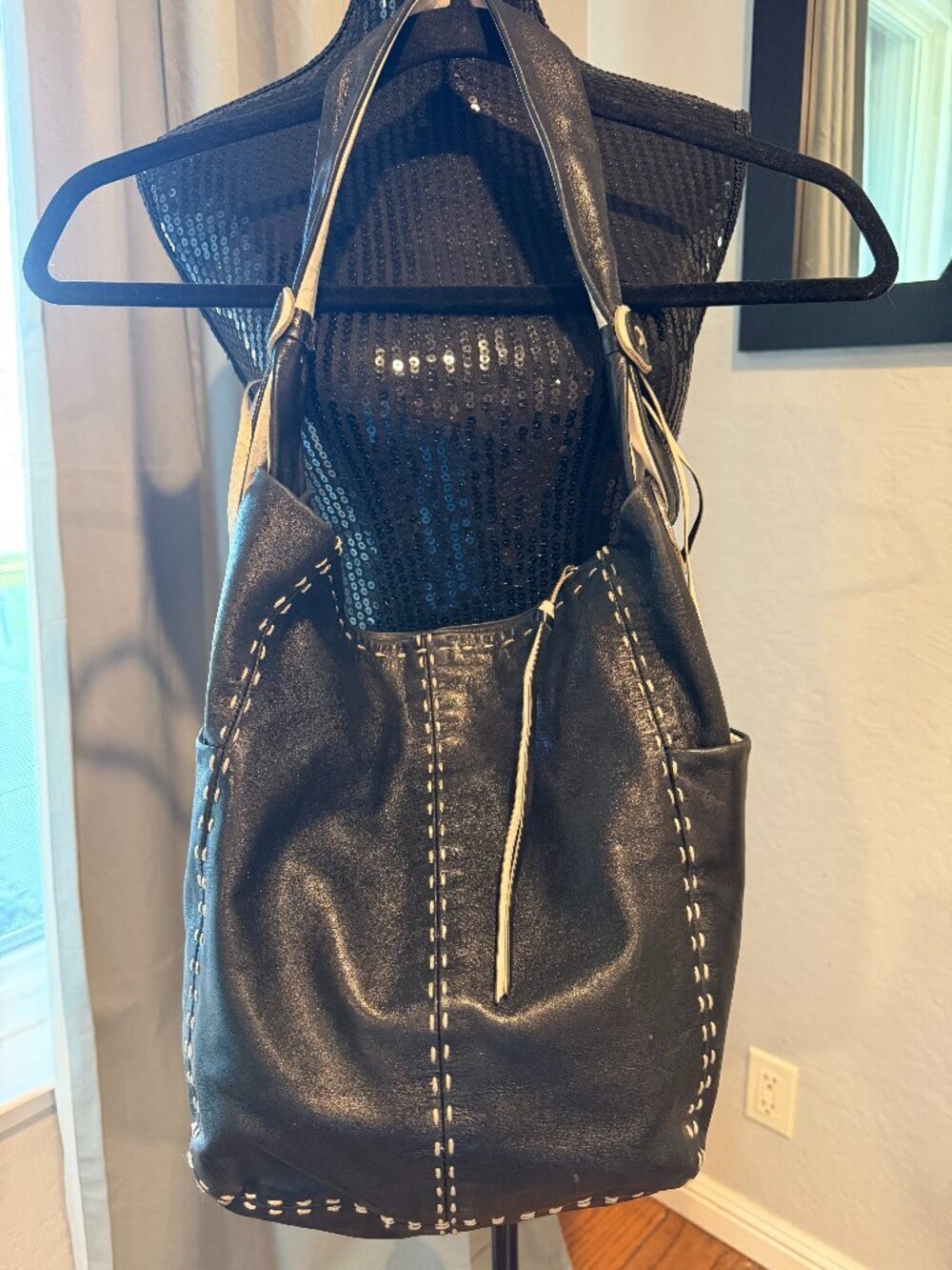 Francesco Biasia Black Leather Hobo Bag Slouchy Shoulder Bag Contrast Stitch
